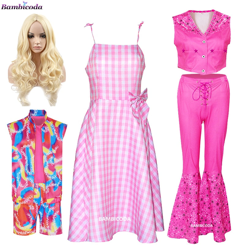 Vestido Rosa Barbie 2023 Cosplay 4 peças Traje Adulto/ Infantil