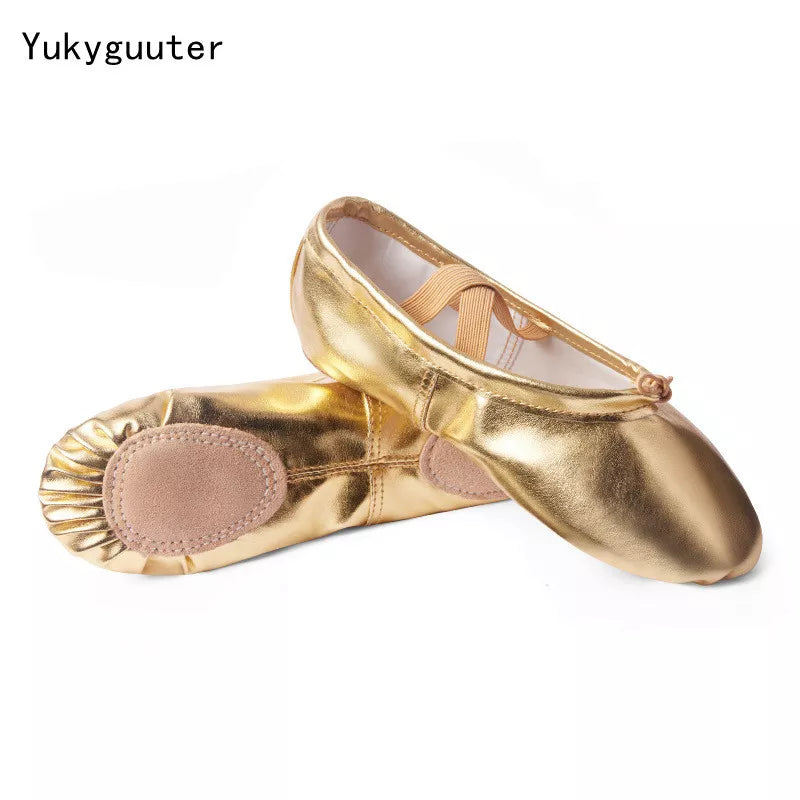 "Sapatilhas de Balé em Ouro e Prata da Yukyguuter - Conforto e Elegância para Dançarinas Iniciantes"