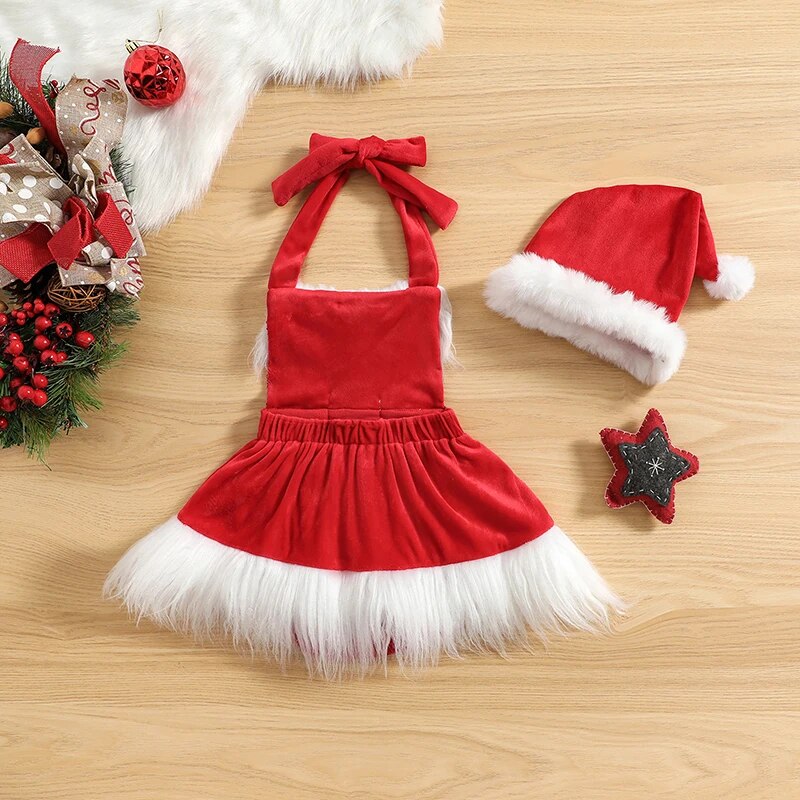 "Vestido de Natal Infantil - Adorável e Aconchegante em Veludo com Chapéu"