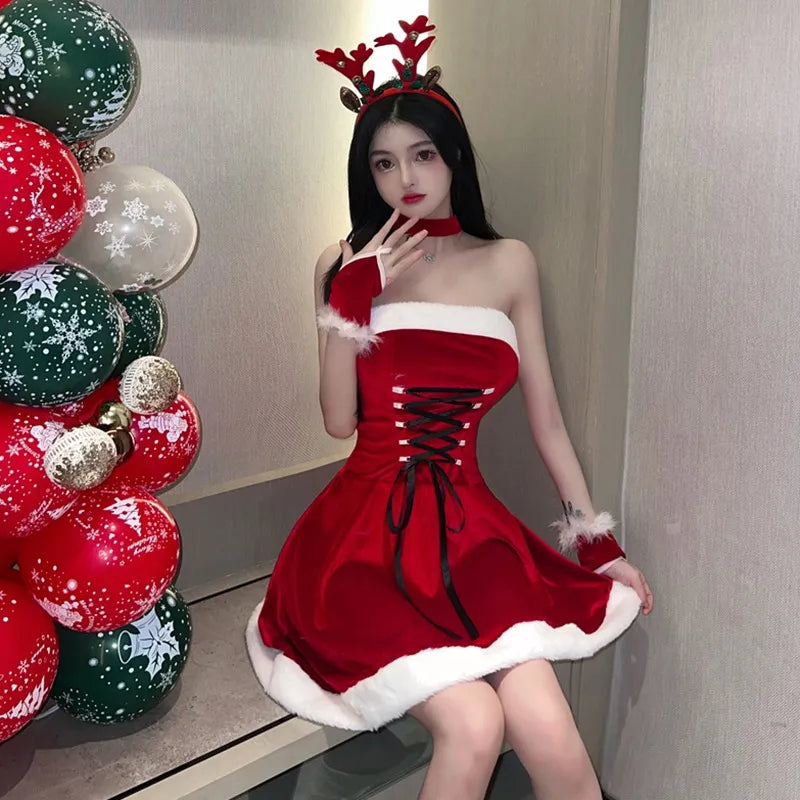 "Estilo Coreano Sensual para a Temporada de Festas: Mini Vestido de Natal Bandagem Vermelho"