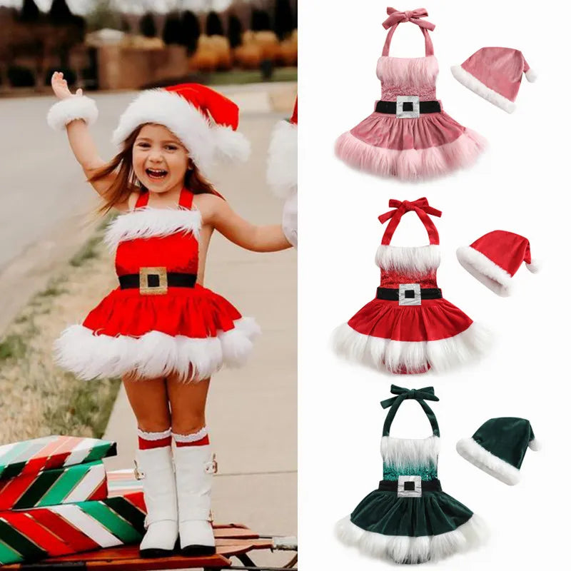 "Vestido de Natal Infantil - Adorável e Aconchegante em Veludo com Chapéu"